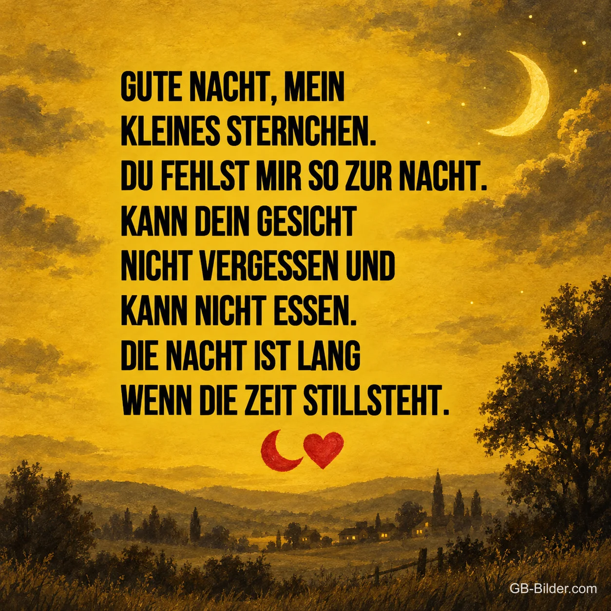 Goldener Abendhimmel mit Mondsichel, Gedicht: Gute Nacht, mein kleines Sternchen