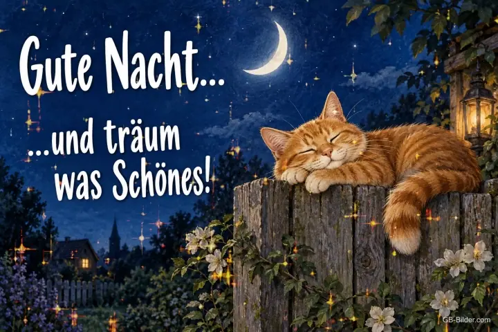 Rote Katze schläft auf einem Holzzaun unter der Mondsichel, Text: Gute Nacht… und träum was Schönes!