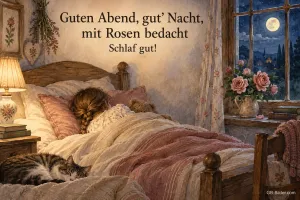 Schlafendes Kind mit Katze im Bett, Text: Guten Abend, gut' Nacht, mit Rosen bedacht. Schlaf gut!