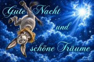 Esel mit Strohhut hängt kopfüber zwischen Wolken unter einem leuchtenden Stern, Text: Gute Nacht und schöne Träume