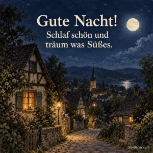 Fachwerkgasse im Mondschein, Text: Gute Nacht! Schlaf schön und träum was Süßes.