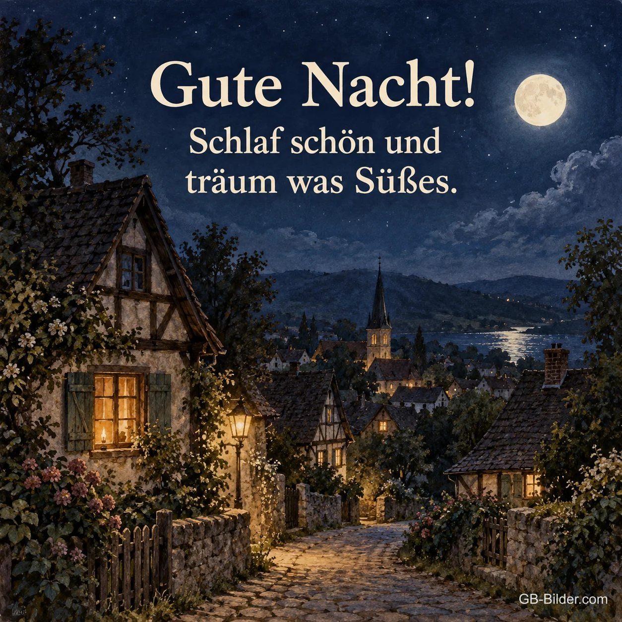 Fachwerkgasse im Mondschein, Text: Gute Nacht! Schlaf schön und träum was Süßes.