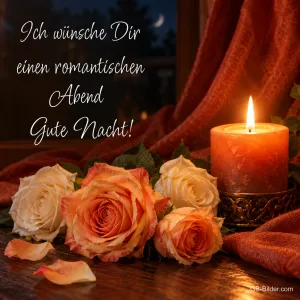 Brennende Kerze neben orangen und weißen Rosen, Text: Ich wünsche Dir einen romantischen Abend – Gute Nacht!