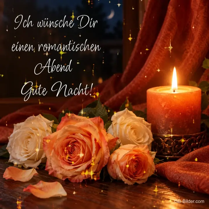 Brennende Kerze neben orangen und weißen Rosen, Text: Ich wünsche Dir einen romantischen Abend – Gute Nacht!