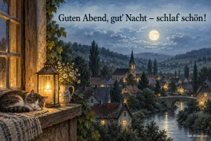 Laterne und schlafende Katze am Fenster, Text: Guten Abend, gut' Nacht – schlaf schön!