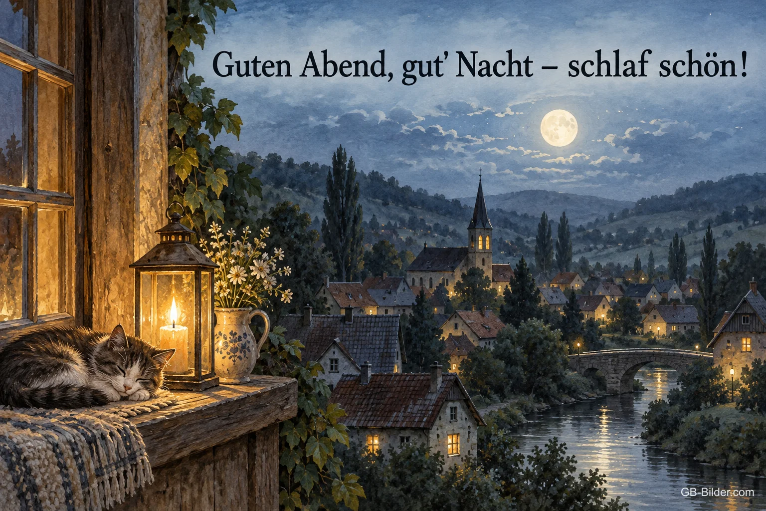 Laterne und schlafende Katze am Fenster, Text: Guten Abend, gut' Nacht – schlaf schön!