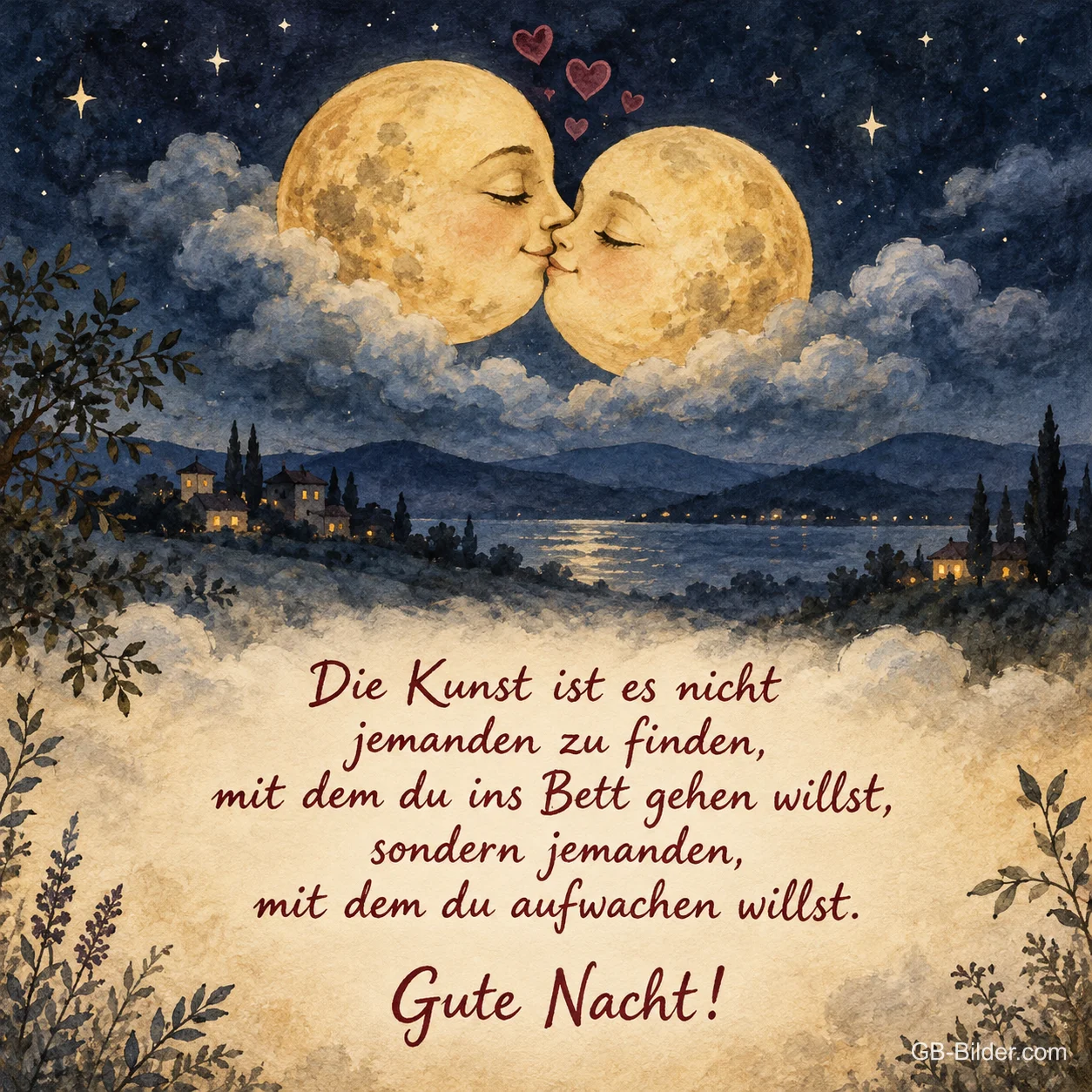 Zwei Monde küssen sich, Spruch über die Liebe, Text: Die Kunst ist es nicht jemanden zu finden, mit dem du ins Bett gehen w