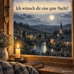 Kerze am Fenster über einem nächtlichen Dorf, Text: Ich wünsch dir eine gute Nacht!