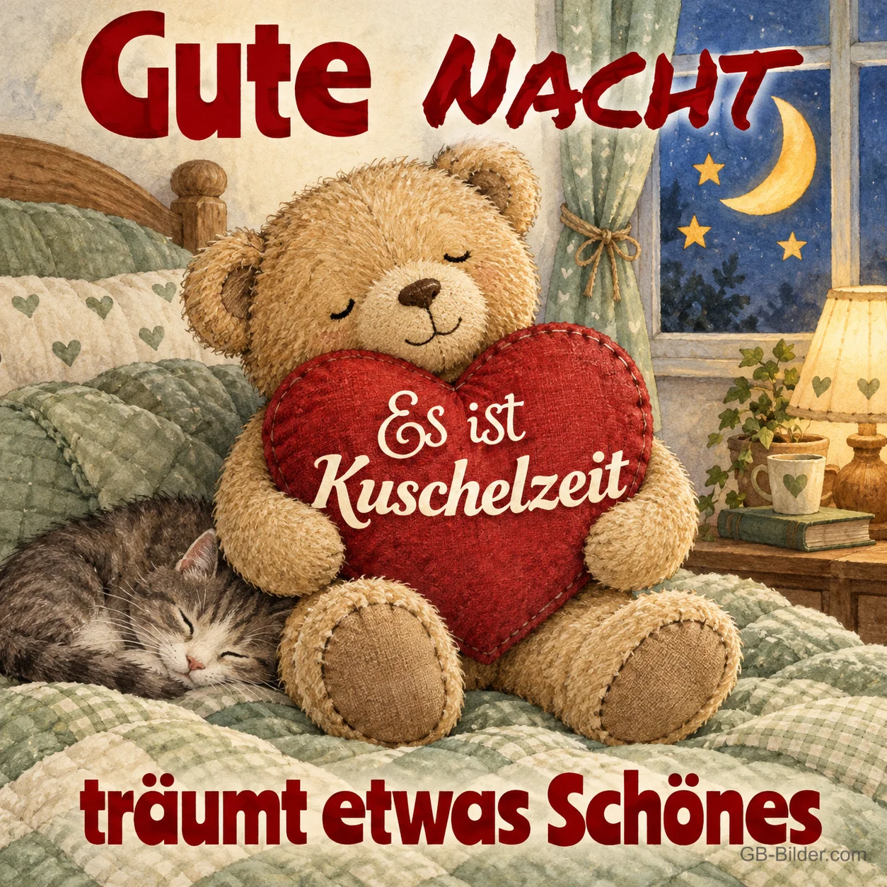 Teddybär mit Herz und Katze im Bett, Text: Gute Nacht