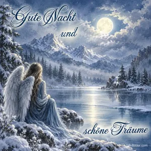 Engel sitzt am verschneiten Seeufer unter dem Vollmond, Text: Gute Nacht und schöne Träume