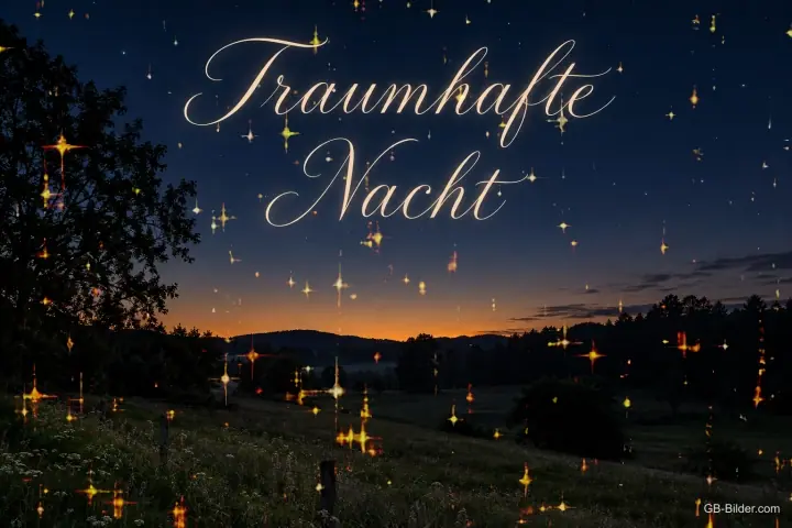 Dunkle Landschaft unter dem letzten Abendrot, Text: Traumhafte Nacht