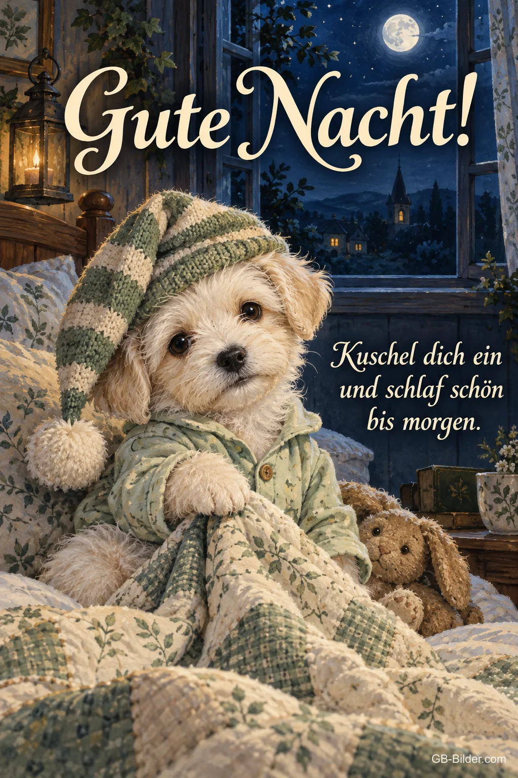 Welpe mit Zipfelmütze und Schlafanzug sitzt im Bett, Text: Gute Nacht! Kuschel dich ein und schlaf schön bis morgen. Welpe mit Zipfelmütze und Schlafanzug sitzt im Bett, Text: Gute Nacht! Kuschel dich ein und schlaf schön bis morgen.
