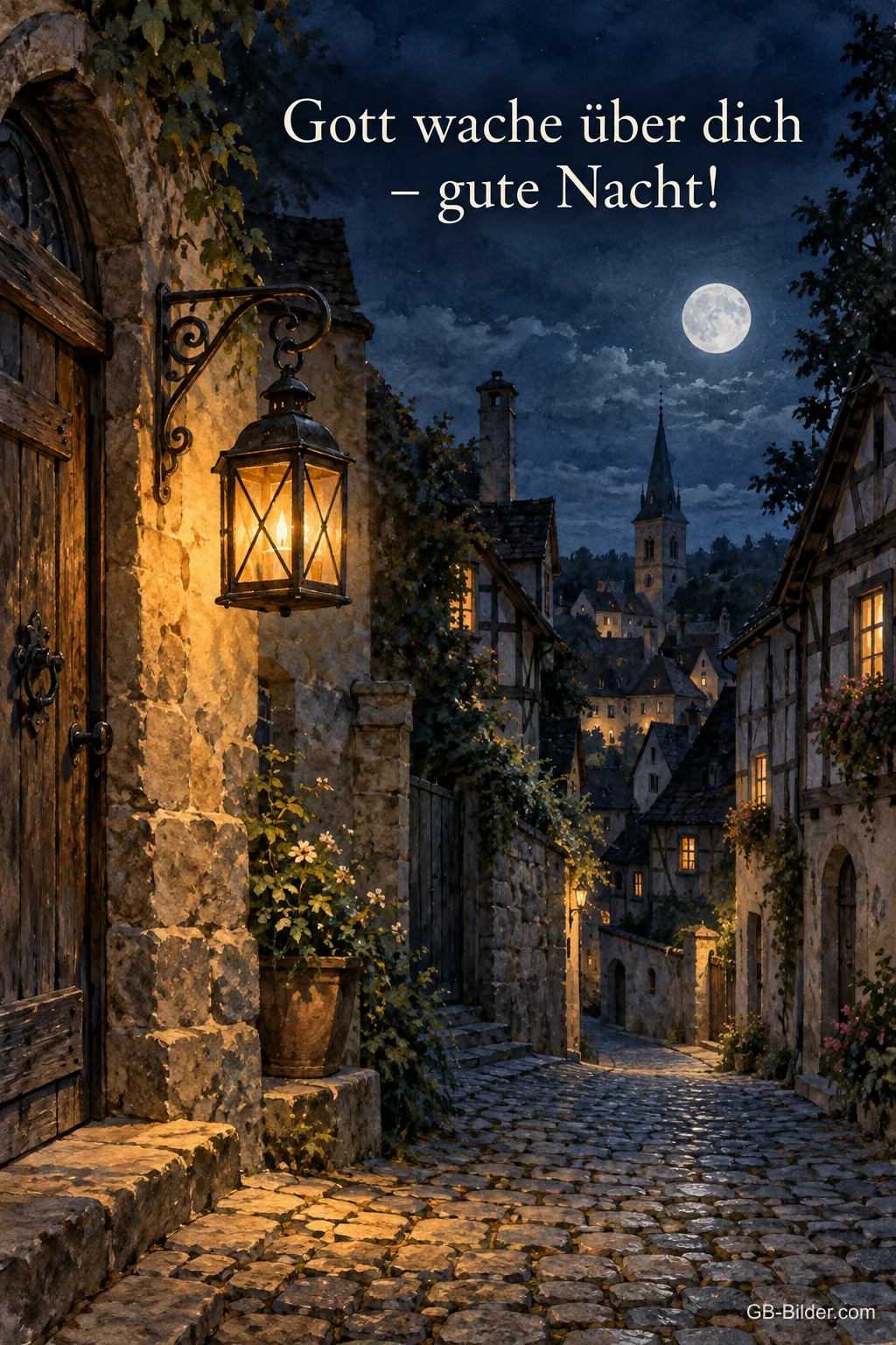 Laterne in einer Altstadtgasse bei Vollmond, Text: Gott wache über dich – gute Nacht!