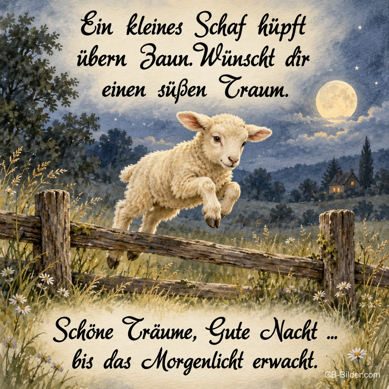 Lamm springt über den Zaun, Gute-Nacht-Gedicht, Text: Ein kleines Schaf hüpft übern Zaun