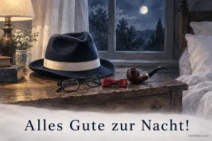 Hut, Brille, Pfeife und Fliege auf einem Nachttisch am Fenster, Text: Alles Gute zur Nacht!
