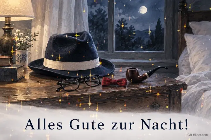 Hut, Brille, Pfeife und Fliege auf einem Nachttisch am Fenster, Text: Alles Gute zur Nacht!