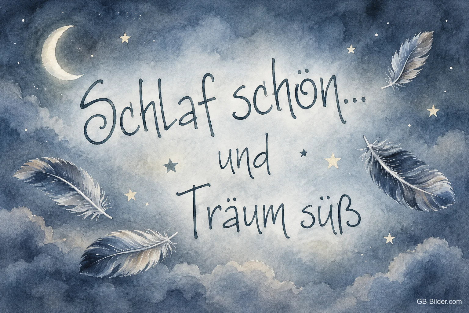 Federn und Sterne am Nachthimmel, Text: Schlaf schön und träum süß Federn und Sterne am Nachthimmel, Text: Schlaf schön und träum süß
