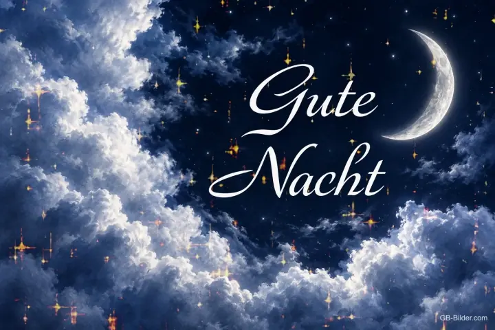 Mondsichel und Sterne zwischen Wolken, Text: Gute Nacht