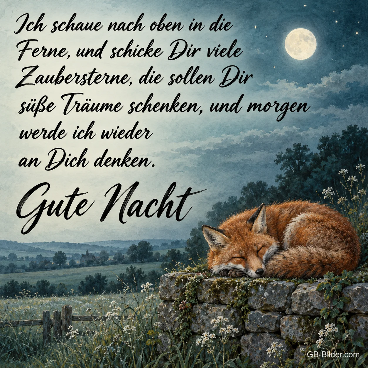 Schlafender Fuchs bei Vollmond, Text: Ich schaue nach oben in die Ferne, und schicke Dir viele Zaubersterne,