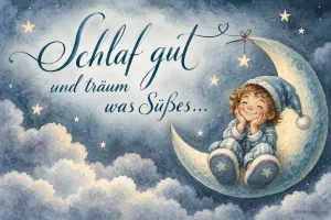 Lächelndes Kind mit Schlafmütze sitzt auf der Mondsichel zwischen Wolken und Sternen, Text: Schlaf gut und träum was Süßes...