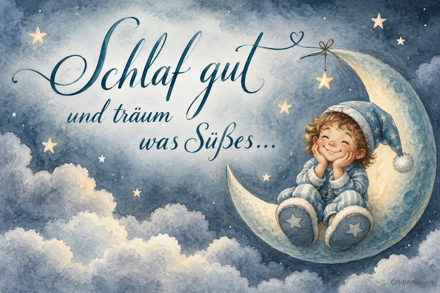 Lächelndes Kind mit Schlafmütze sitzt auf der Mondsichel zwischen Wolken und Sternen, Text: Schlaf gut und träum was Süßes... Lächelndes Kind mit Schlafmütze sitzt auf der Mondsichel zwischen Wolken und Sternen, Text: Schlaf gut und träum was Süßes...