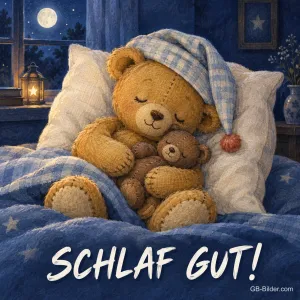 Schlafender Teddybär mit Schlafmütze, Text: SCHLAF GUT