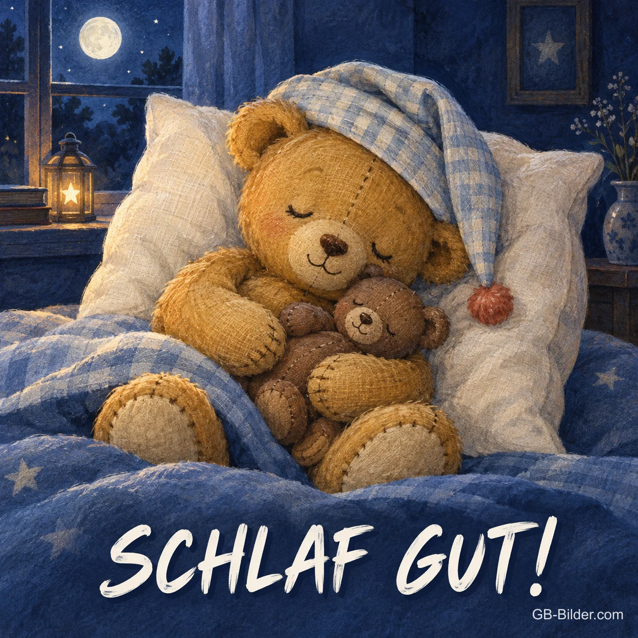 Schlafender Teddybär mit Schlafmütze, Text: SCHLAF GUT