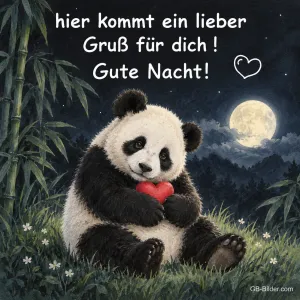 Panda hält ein rotes Herz im Bambuswald bei Vollmond, Text: hier kommt ein lieber Gruß für dich! Gute Nacht!