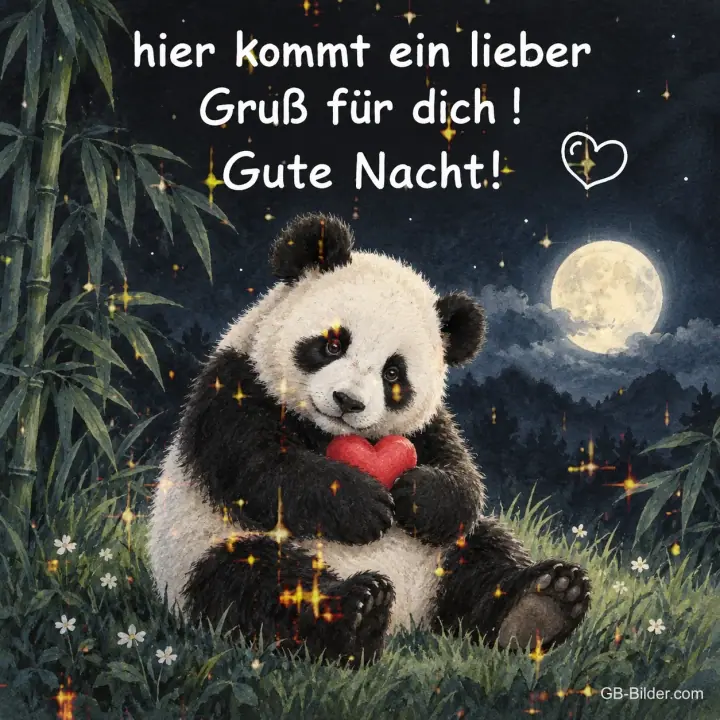Panda hält ein rotes Herz im Bambuswald bei Vollmond, Text: hier kommt ein lieber Gruß für dich! Gute Nacht!
