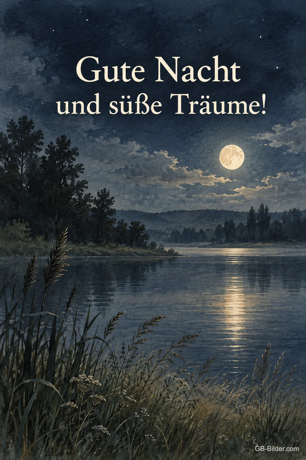 Vollmond über einem See, Text: Gute Nacht und süße Träume! Vollmond über einem See, Text: Gute Nacht und süße Träume!