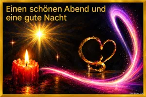 Brennende Kerze und ein leuchtendes Herz aus Licht, Text: Einen schönen Abend und eine gute Nacht