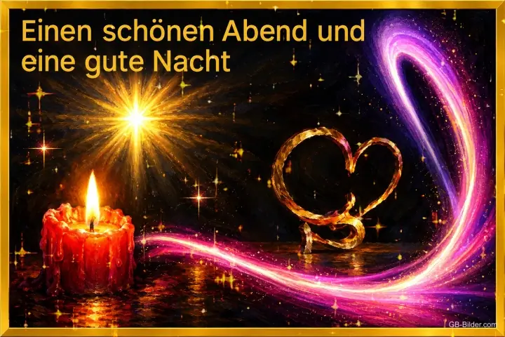 Brennende Kerze und ein leuchtendes Herz aus Licht, Text: Einen schönen Abend und eine gute Nacht