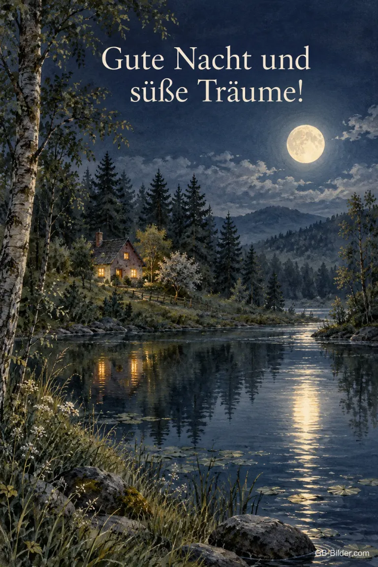 Haus am See bei Vollmond, Text: Gute Nacht und süße Träume!