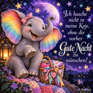 Elefantenbaby mit bunten Ohren winkt unter dem Sternenhimmel, Text: Ich husche nicht in meine Koje, ohne dir vorher Gute Nacht zu wünschen!