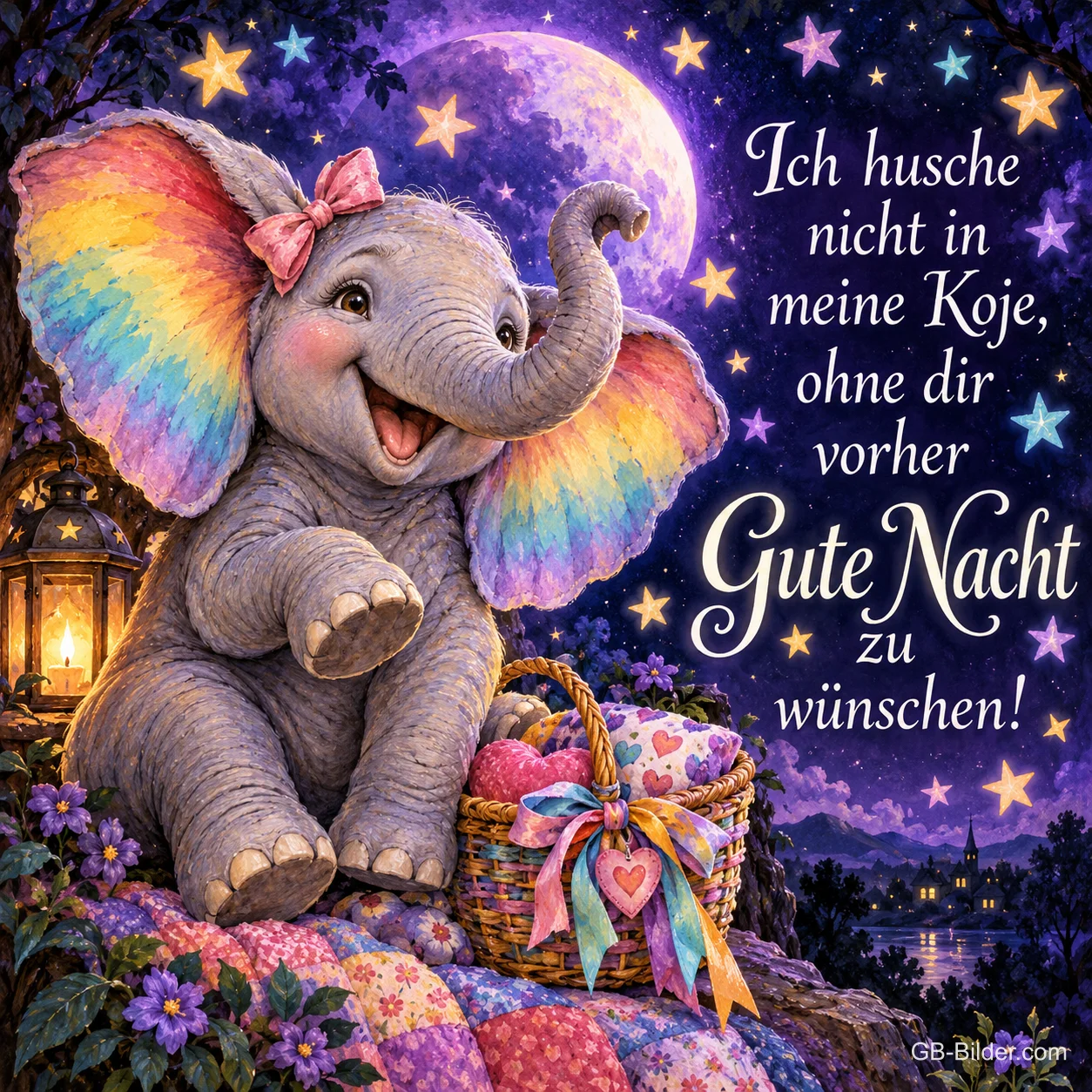 Elefantenbaby mit bunten Ohren winkt unter dem Sternenhimmel, Text: Ich husche nicht in meine Koje, ohne dir vorher Gute Nacht zu wünschen!