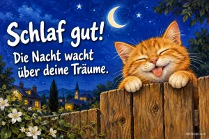 Lachende rote Katze schaut über einen Holzzaun unter Mondsichel und Sternen, Text: Schlaf gut! Die Nacht wacht über deine Träume.