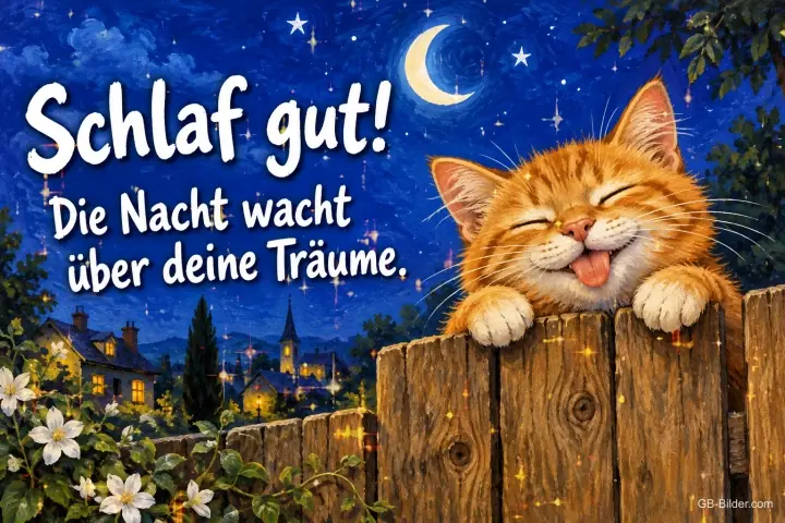 Lachende rote Katze schaut über einen Holzzaun unter Mondsichel und Sternen, Text: Schlaf gut! Die Nacht wacht über deine Träume.