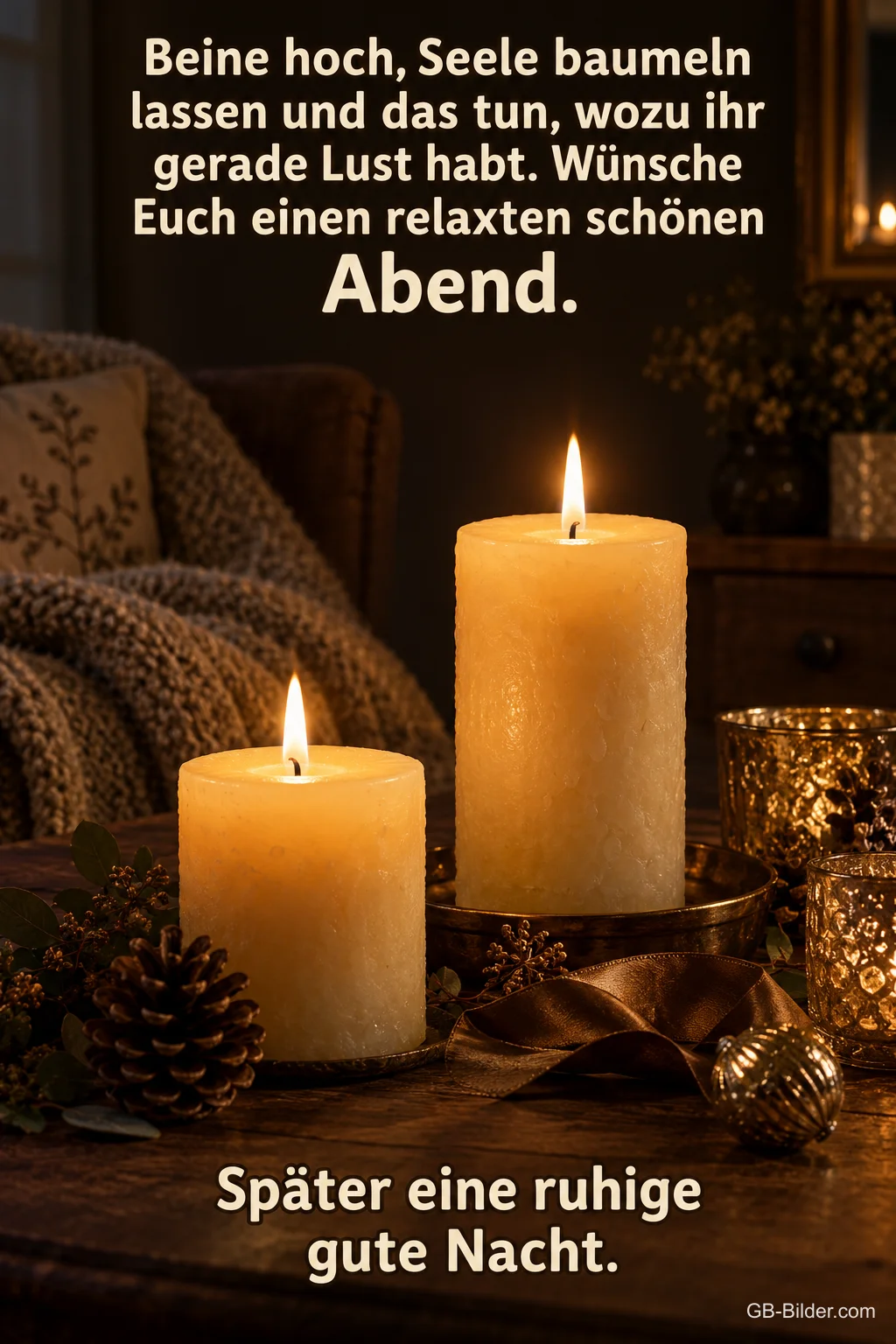 Kerzen neben einem Sessel, Text: Beine hoch, Seele baumeln lassen und das tun, wozu ihr gerade Lust hab