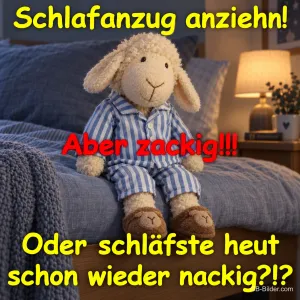 Stoffschaf im Schlafanzug, lustiger Spruch, Text: Schlafanzug anziehn