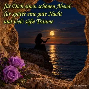 Silhouette einer Frau in einer Felsenhöhle mit Vollmond über dem Meer, Text: Für dich einen schönen Abend, für später eine gute Nacht und viele süße Träume