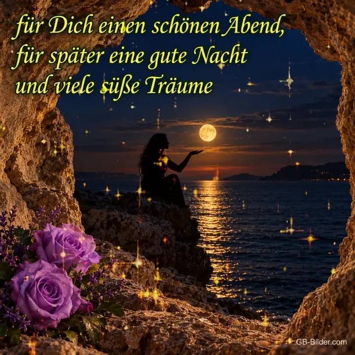 Silhouette einer Frau in einer Felsenhöhle mit Vollmond über dem Meer, Text: Für dich einen schönen Abend, für später eine gute Nacht und viele süße Träume