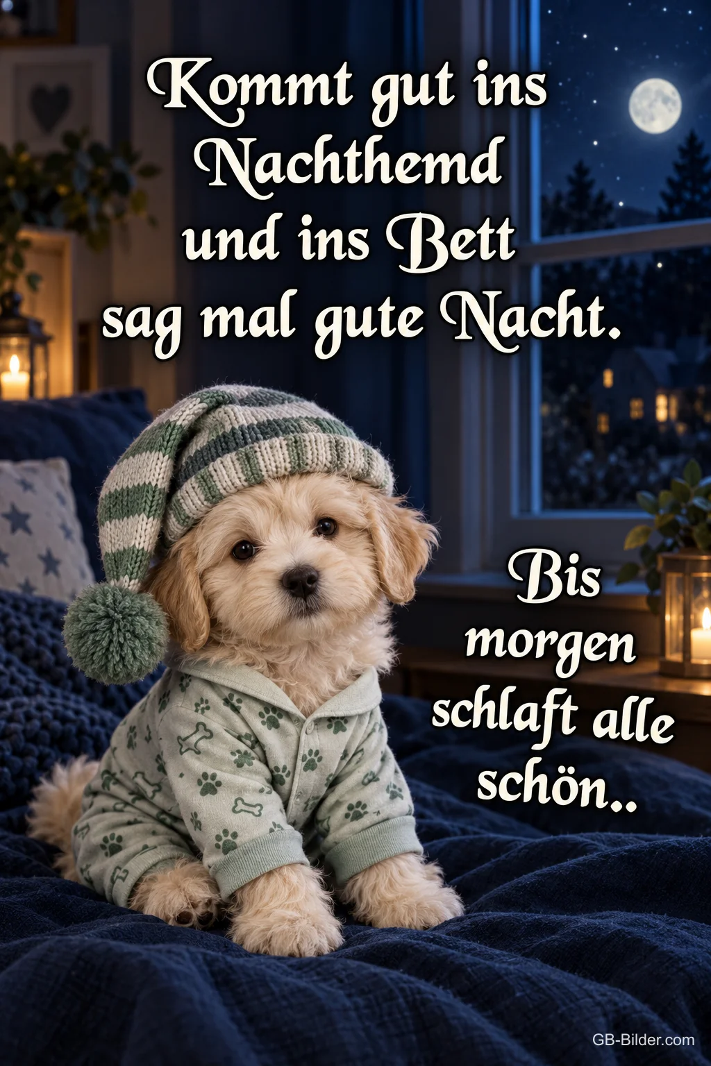 Welpe im Schlafanzug, Text: Kommt gut ins Nachthemd und ins Bett sag mal gute Nacht Welpe im Schlafanzug, Text: Kommt gut ins Nachthemd und ins Bett sag mal gute Nacht