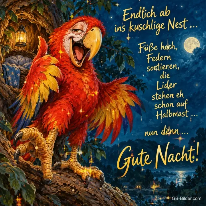 Roter Ara lacht mit ausgebreiteten Flügeln auf einem Ast in der Nacht, Text: Endlich ab ins kuschlige Nest … Füße hoch, Federn sortieren, die Lider stehen eh schon auf Halbmast … nun denn … Gute Nacht!
