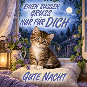 Kätzchen auf einem Kissen am nächtlichen Fenster, Text: Einen süßen Gruß nur für dich – Gute Nacht