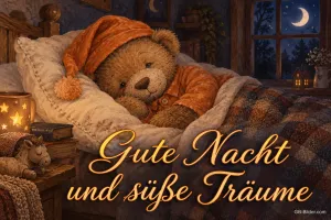 Schlafender Teddybär mit Zipfelmütze im Bett, Text: Gute Nacht und süße Träume