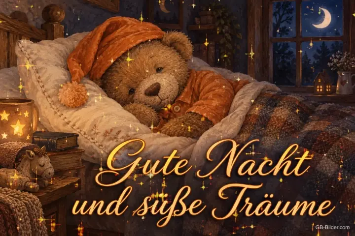 Schlafender Teddybär mit Zipfelmütze im Bett, Text: Gute Nacht und süße Träume