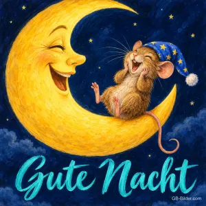 Lachende Maus mit Schlafmütze liegt auf einer lachenden Mondsichel, Text: Gute Nacht