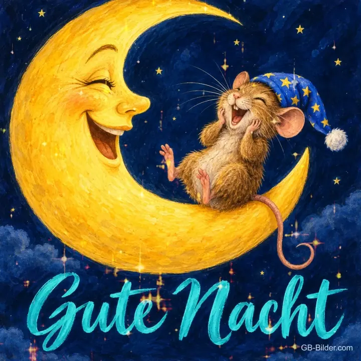 Lachende Maus mit Schlafmütze liegt auf einer lachenden Mondsichel, Text: Gute Nacht