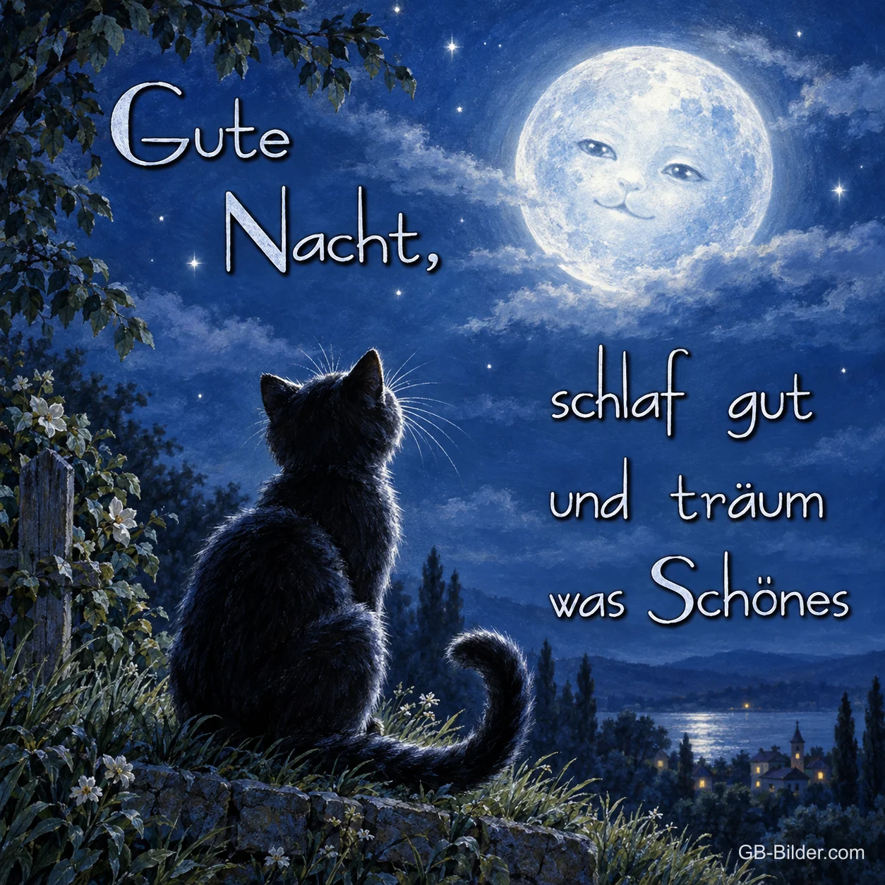 Katze schaut zum Mond, Text: Gute Nacht, schlaf gut und träum was Schönes