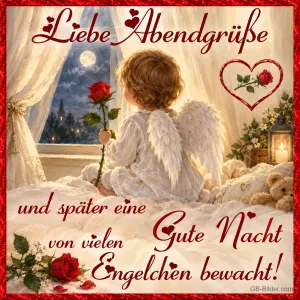 Kleiner Engel mit Rose am Fenster im Mondschein, Text: Liebe Abendgrüße und später eine Gute Nacht, von vielen Engelchen bewacht!